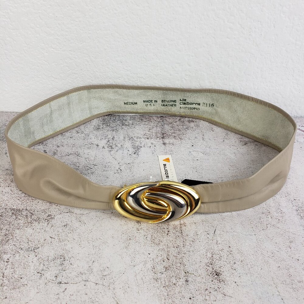 Vintage NWT Liz Claiborne Leather Belt 80s Gold Hardware Adjustable Dead Stock M